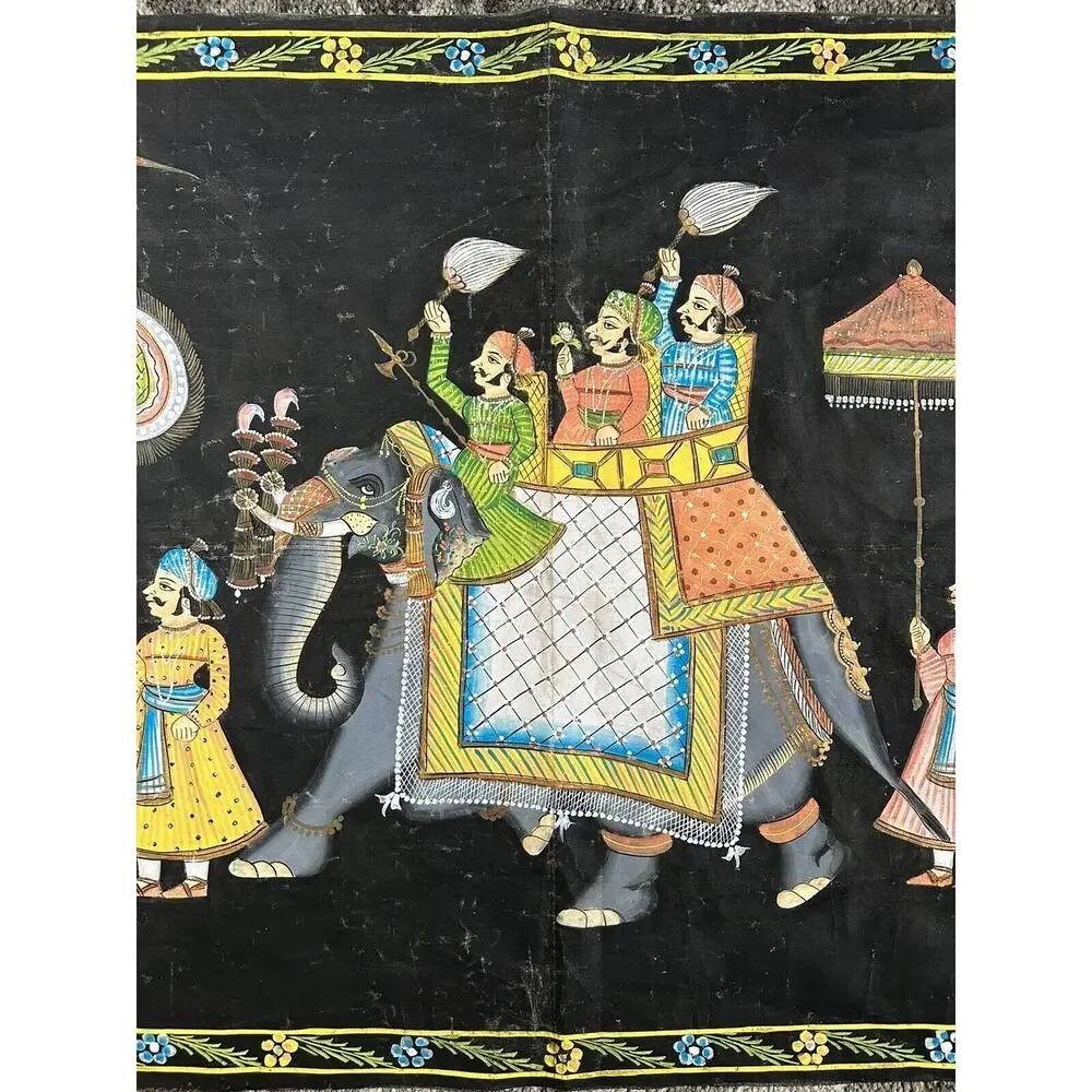 Vintage Indian Batik Black Cotton Wall Hanging Hand painted Elephants 28x60” Art